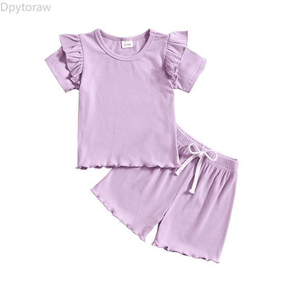Dpytoraw Toddler Girls Summer Short Sleeve Solid Tops And Shorts 2PCS Outfits Clothes Set For Children Clothes Spring floral girls matching sets Size Purple 18-24 Months