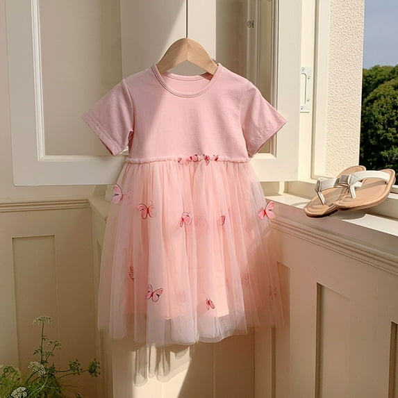 Dpytoraw Toddler Girls Summer Tulle Skirt Butterfly Embroidery Short Sleeve Dress Princess Dress Children's Clothing Size 4-5 Years