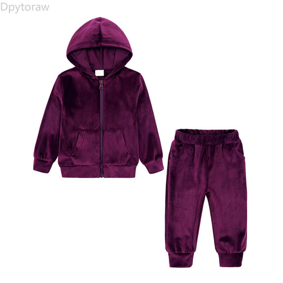 Dpytoraw Toddler Kids Baby Boy Girl Clothes Unisex Solid Sweatsuit Long Sleeve Warm Fleece Pullover Hooded Tops Pants Set Fall Winter Pajamas Outfits Winter toddler girl outfits Size Purple 4-5 Years