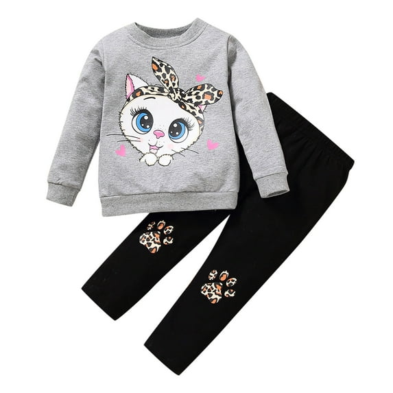 Dpytoraw Toddler Kids Children Baby Girls Long Sleeve Cute Cartoon Animals Tops Blouse Leopard Print Pants Trousers Outfits Set 2PCS Clothes Size 2-3 Years
