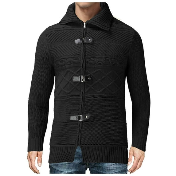 Dpytoraw Turtleneck Sweater Mens Leather Button Long Sleeve Knit Cardigan Jacket
