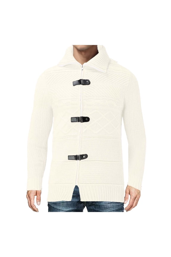 Turtleneck Sweater Mens Leather Button Long Sleeve Knit Cardigan Jacket
