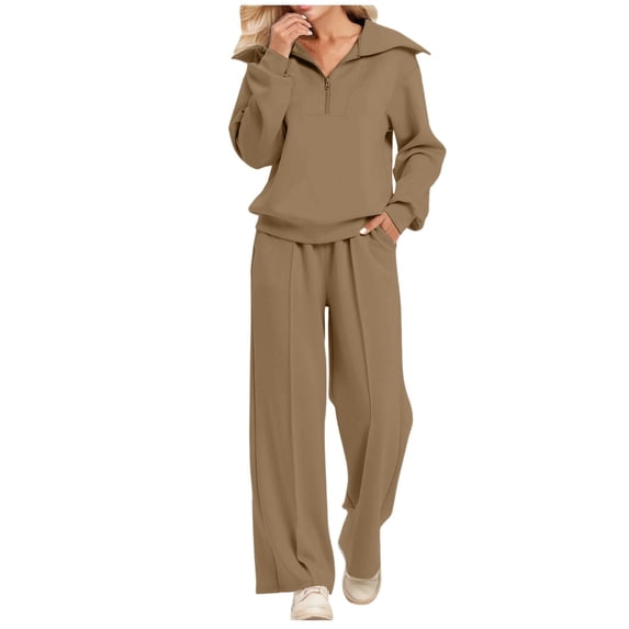 Dpytoraw Two Piece Outfits Half Zip Sweatshirt Sweatsuit Sets For Women Matching Set Wide Leg Sweatpant Tracksuit Khaki