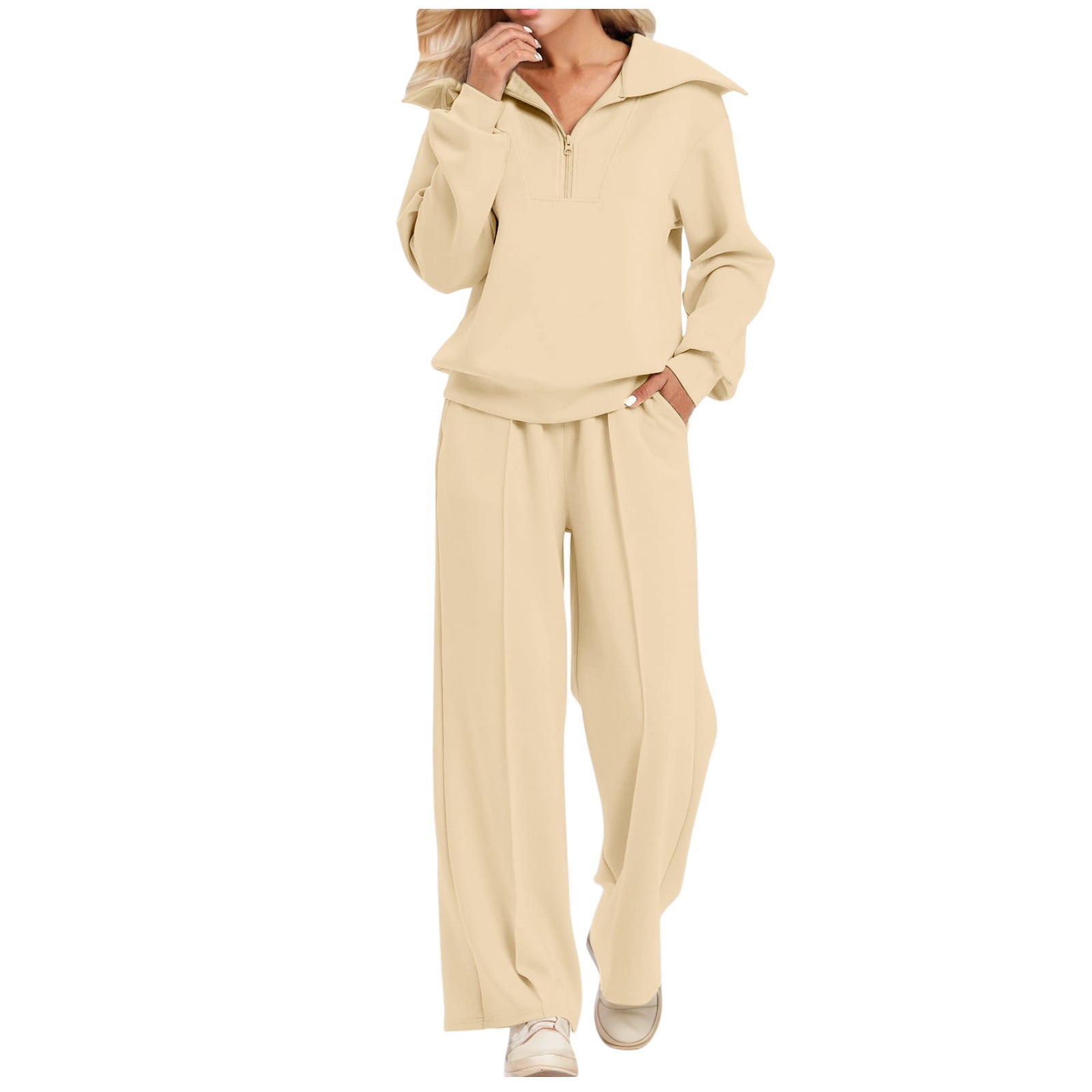 Wide Leg Beige Sweatsuit Set Wide Leg Beige Women's Sweat Suit