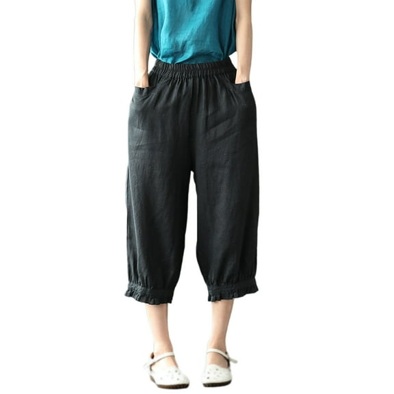 Dpytoraw Vintage Aesthetic Women's Linen Harem Pants Slim Fit Solid Color 3/4 Length Casual Trousers With Lace Trim Women's Linen Casual Pants Black L