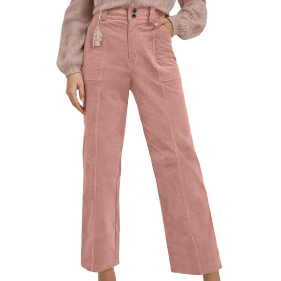 Dpytoraw Wide Leg Corduroy Pants For Women Casual Work Pants Straight Leg Elastic Waist Solid Color Harem Pants With Pockets Stretch Twill Straight Leg Casual Pants Pink XL