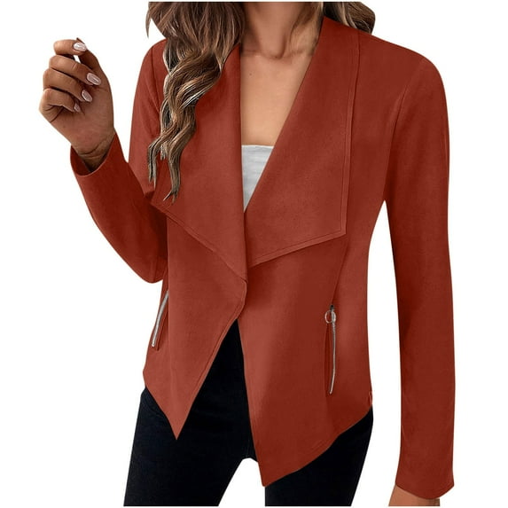 Dpytoraw Women Autumn And Winter Casual Fashion Simple Solid Color Lapel Suit Zipper Pocket Long Sleeve Casual Jacket Coat