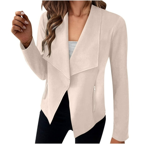 Dpytoraw Women Autumn And Winter Casual Fashion Simple Solid Color Lapel Suit Zipper Pocket Long Sleeve Casual Jacket Coat