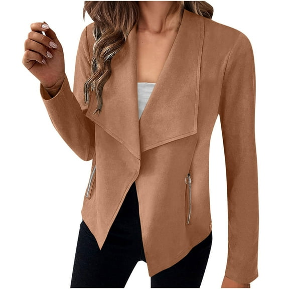 Dpytoraw Women Autumn And Winter Casual Fashion Simple Solid Color Lapel Suit Zipper Pocket Long Sleeve Casual Jacket Coat