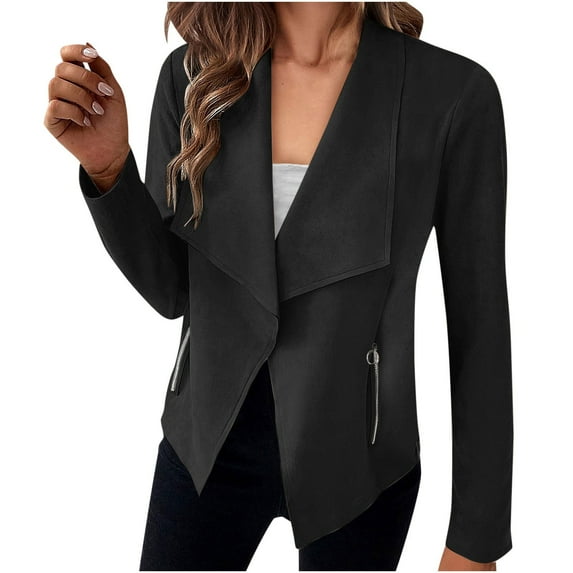 Dpytoraw Women Autumn And Winter Casual Fashion Simple Solid Color Lapel Suit Zipper Pocket Long Sleeve Casual Jacket Coat