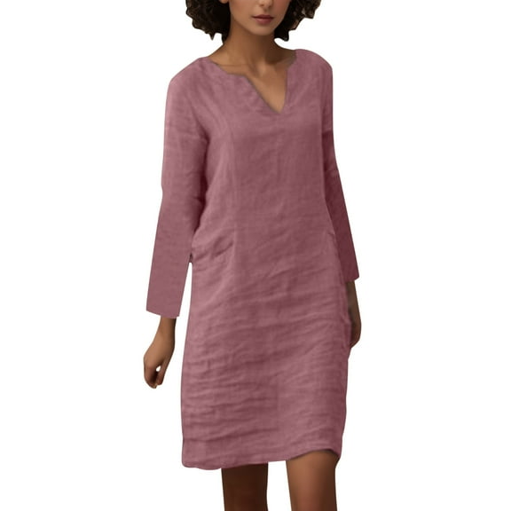 Dpytoraw Women Autumn Casual Simple Fashion V Neck Dress Elegant Comfortable Solid Color Long Sleeve Pocket Casual Dress