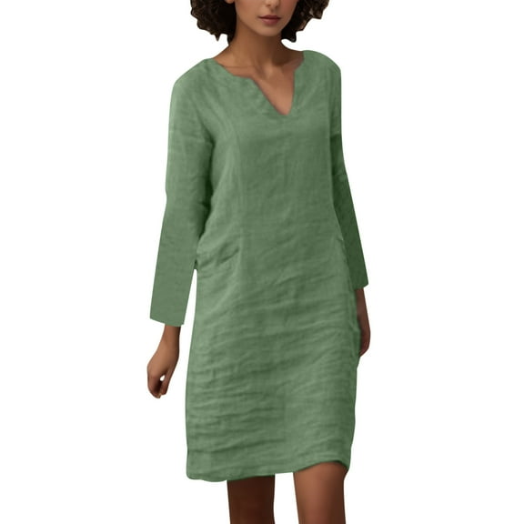 Dpytoraw Women Autumn Casual Simple Fashion V Neck Dress Elegant Comfortable Solid Color Long Sleeve Pocket Casual Dress