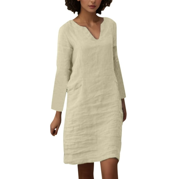Dpytoraw Women Autumn Casual Simple Fashion V Neck Dress Elegant Comfortable Solid Color Long Sleeve Pocket Casual Dress