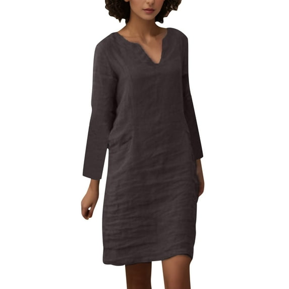 Dpytoraw Women Autumn Casual Simple Fashion V Neck Dress Elegant Comfortable Solid Color Long Sleeve Pocket Casual Dress