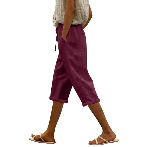 Dpytoraw Women Capri Pants High Waist Drawstring Pants Comfortable Soft Trousers Holiday Wear Beach Casual Pants Moisture Wicking Casual Pants Women Wine S