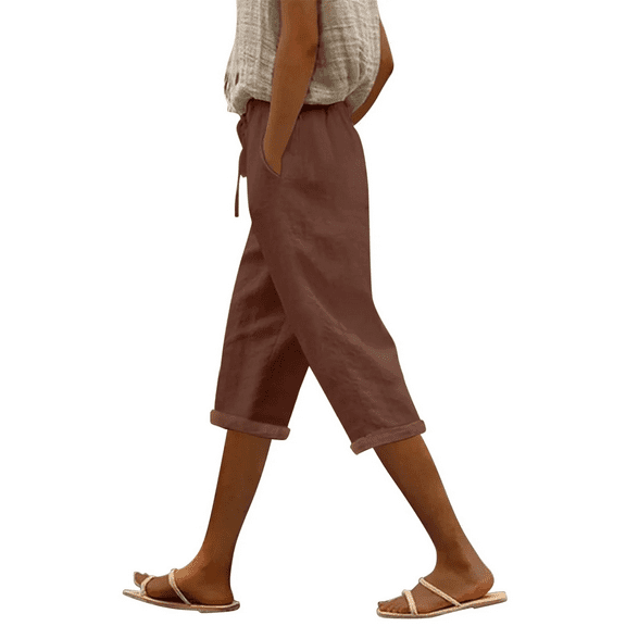 Dpytoraw Women Capri Pants High Waist Drawstring Pants Comfortable Soft Trousers Holiday Wear Beach Casual Pants Moisture Wicking Casual Pants Women Coffee M