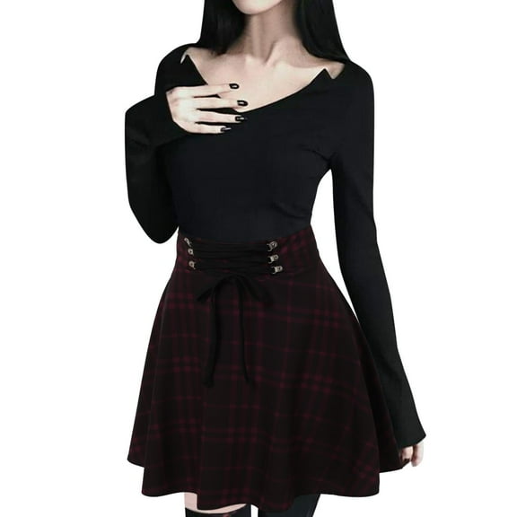 Dpytoraw Women Fashion Retro Punk Plaid Print Skirt Strap Zipper Short Skirt Stretchy Denim Skirt with Pockets Purple