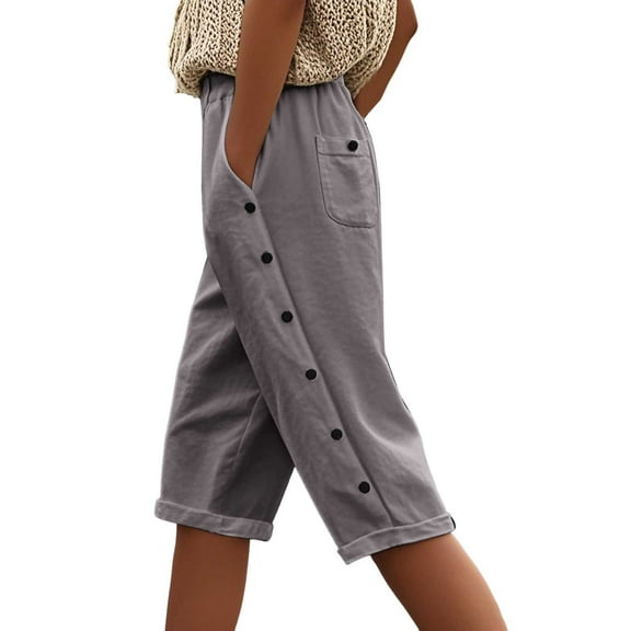 Dpytoraw Women Fashion Solid High Waist Pocket Button Casual Capri Pants Stretch Casual Pants Women Grey M