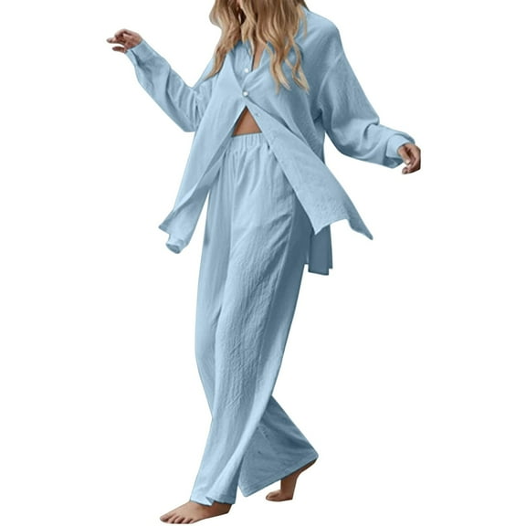 Dpytoraw Women Fashion Solid Long Sleeve Temperament Slit Long Shirt Wide Leg Trousers Two Sets BU2