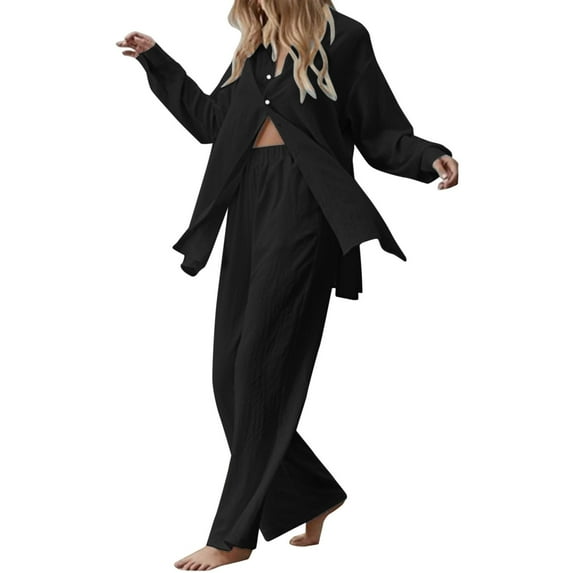 Dpytoraw Women Fashion Solid Long Sleeve Temperament Slit Long Shirt Wide Leg Trousers Two Sets Black
