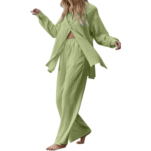 Dpytoraw Women Fashion Solid Long Sleeve Temperament Slit Long Shirt Wide Leg Trousers Two Sets Green