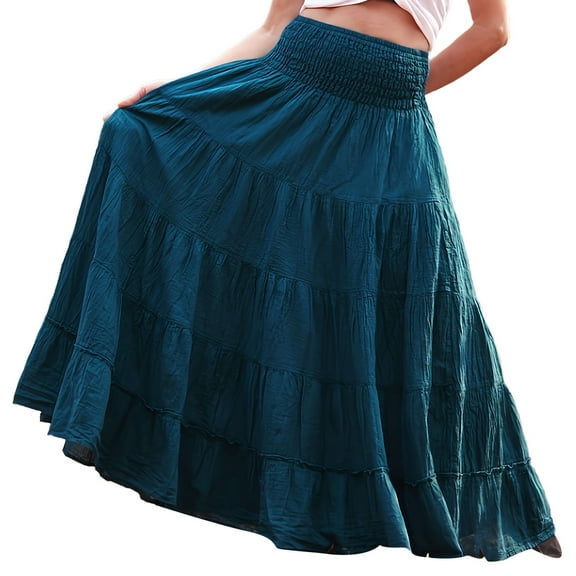 Dpytoraw Women Fashion Solid Skirt Big Swing Skirt National Style Plain Color Long Skirt Literary Temperament Super Fairy Half Skirt Summer Dresses for Women