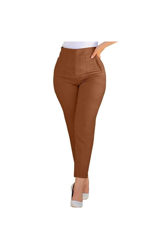 Women High Waist Cropped Work Pants Solid Zipper Trouser Pant Casual Baggy Elastic Waist Trouser Wide Leg Pant With Pocket Fashion Pant Petite Length Casual Pants Women Brown L