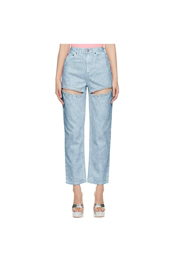 Women High Waist Denim Jeans Rhinestone Trim Bling Jeans Plus Size Denim Pants Stretch Twill Straight Leg Casual Pants Blue M