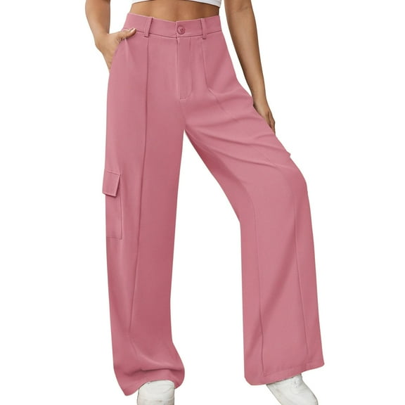 Dpytoraw Women High Waisted Wide Leg Cargo Pants Button Down Loose Casual Trendy Work Trousers With 4 Pockets Women's Casual Cargo Pants With Elastic Waist Red L