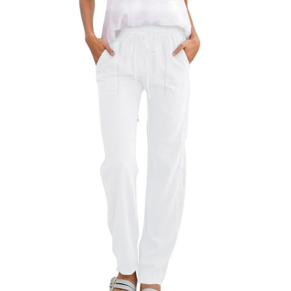 Dpytoraw Women High Waisted Wide Leg Pants Casual Drawstring Elastic Trousers Comfy Straight Leg Long Pants With Pockets Stretch Twill Straight Leg Casual Pants White XL
