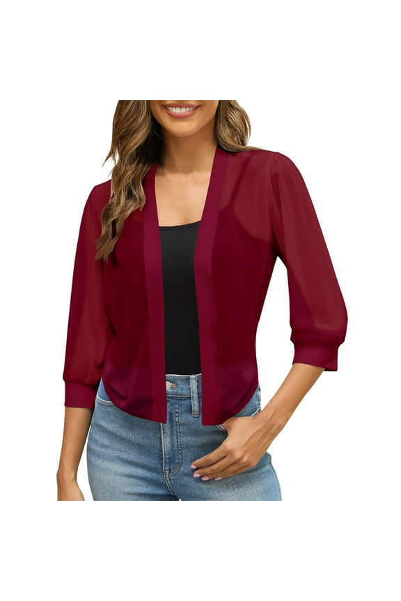 Women Puff Sleeve Bolero Open Front Summer Cropped Sheer Jackets Cardigan