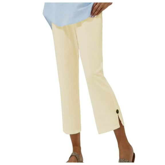 Dpytoraw Women Solid Casual Pocket Wide Leg Pants Elastic Waist Loose Pants Button Split Cropped Pants Women's Casual Pants Beige S