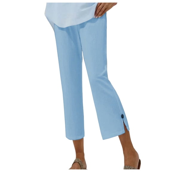 Dpytoraw Women Solid Casual Pocket Wide Leg Pants Elastic Waist Loose Pants Button Split Cropped Pants Women's Casual Pants Blue S