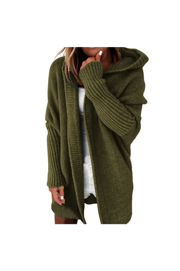 Women Solid Color Hooded Patchwork Batwing Sleeve Open Sweater Knitted Cardigan