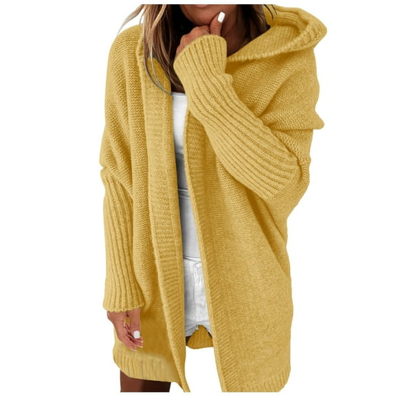 Dpytoraw Women Solid Color Hooded Patchwork Batwing Sleeve Open Sweater Knitted Cardigan