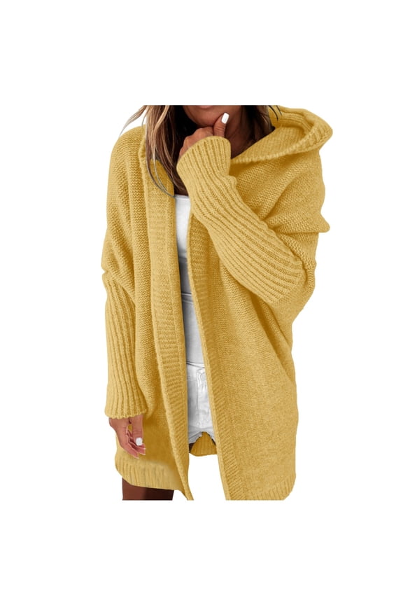 Women Solid Color Hooded Patchwork Batwing Sleeve Open Sweater Knitted Cardigan