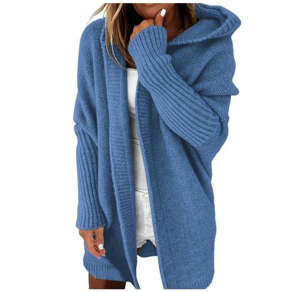 Dpytoraw Women Solid Color Hooded Patchwork Batwing Sleeve Open Sweater Knitted Cardigan