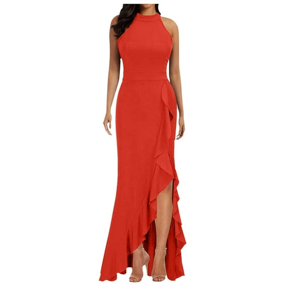 Dpytoraw Women Split Sleeveless Slim Fit Ruffle Long Dress Evening Dress