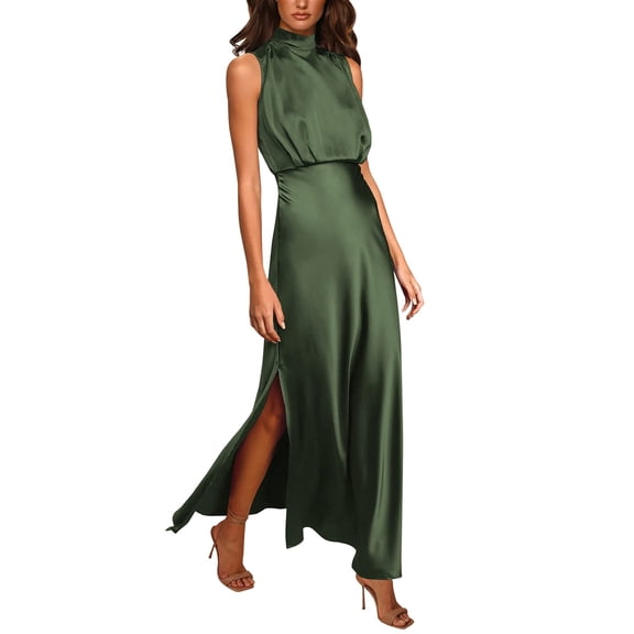 Dpytoraw Women Summer Long Formal Satin Dress Neck Sleeveless Side Slit Flowy Maxi Tank Dresses