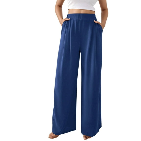 Dpytoraw Women's 2025 Solid Color Drape Casual Slant Pocket Loose Wide Leg Trousers Plus Size Casual Pants Women Blue S