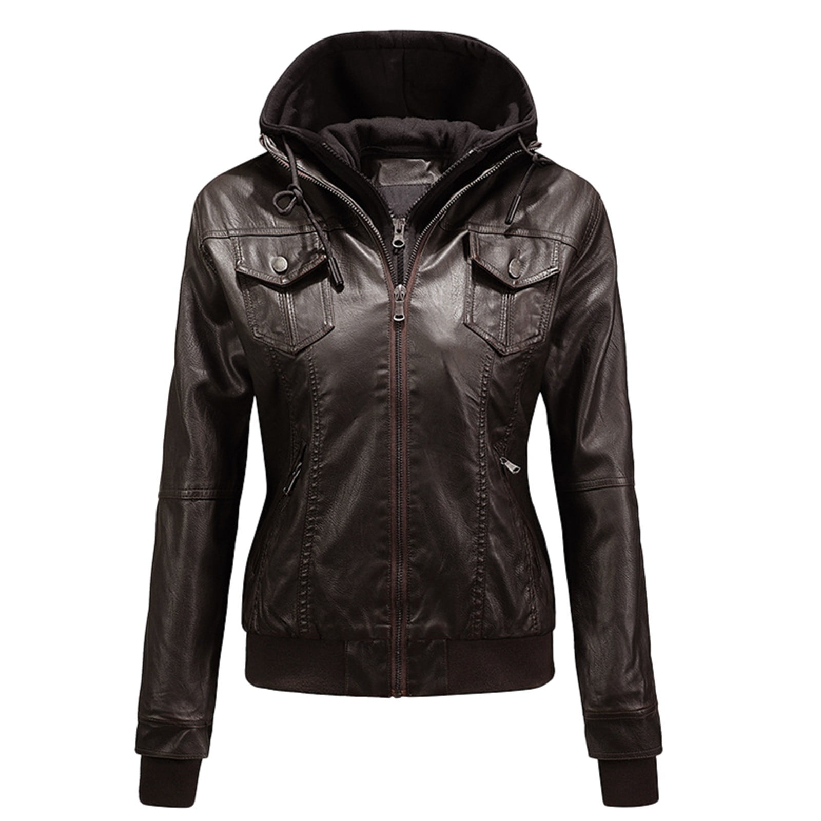 Dpytoraw Women's Autumn/Winter Leather Jacket Short Cropped Hoodie