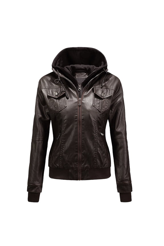 Women's Autumn/Winter Leather Jacket Short Cropped Hoodie Detachable Lined Moto Jacket