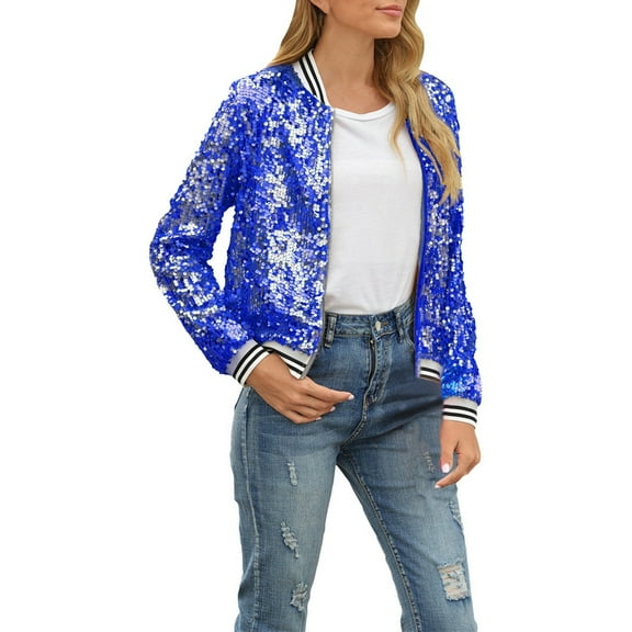 Dpytoraw Women's Autumn Winter Sequin Long Sleeve Cardigan Baseball Jacket
