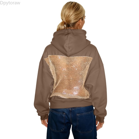 Dpytoraw Women's Backless Hoodie, Solid Mesh Cutout Pullover for Fall Streetwear Brown XS