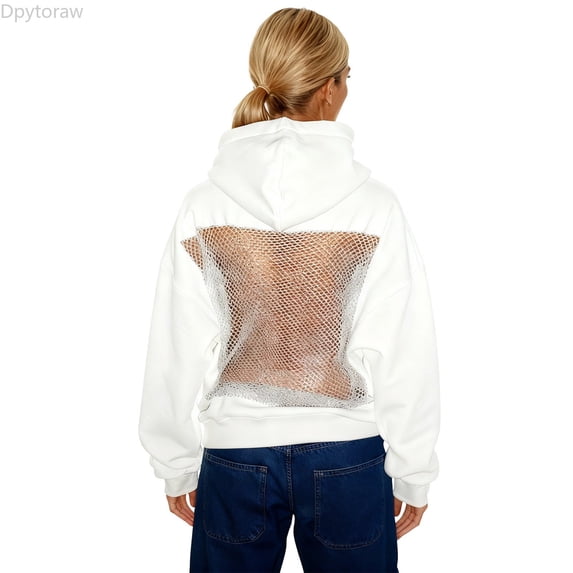 Dpytoraw Women's Backless Hoodie, Solid Mesh Cutout Pullover for Fall Streetwear White L