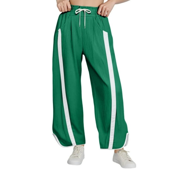 Dpytoraw Women's Baggy Wide Leg Pants Casual Drawstring Elastic High Waisted Contrast Color Workout Sweatpants Moisture Wicking Casual Pants Women Green XL