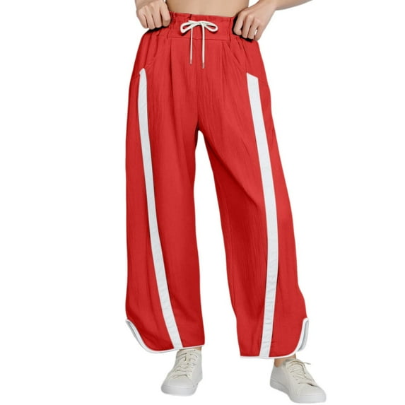 Dpytoraw Women's Baggy Wide Leg Pants Casual Drawstring Elastic High Waisted Contrast Color Workout Sweatpants Moisture Wicking Casual Pants Women Red XL
