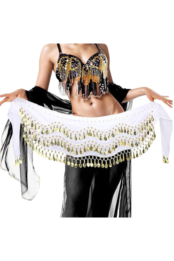 Women's Belly Dance Hip Scarf Belly Dance Hip Scarf Belly Dance Costume Chiffon Hip Scarf With 98 Stretchy Yoga Skirt with Shorts Attached White