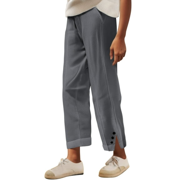 Dpytoraw Women's Casual Linen Stretch Waist Straight Leg Pants Bohemian Floral Trousers With Pockets Women's Casual Cargo Pants With Elastic Waist Grey L