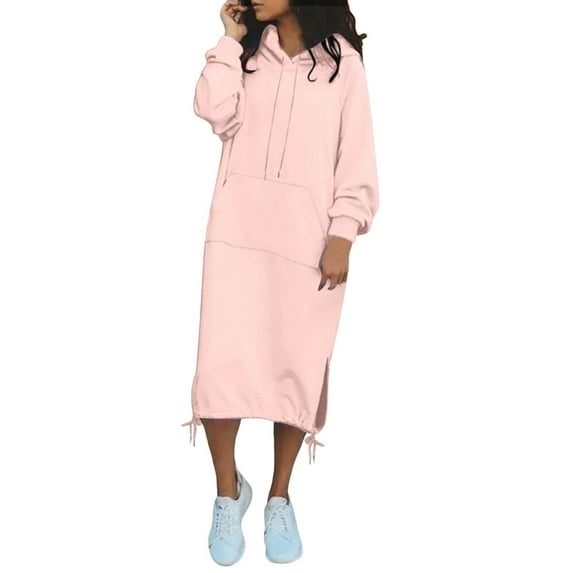 Dpytoraw Women's Casual Loose Solid Color Drawstring Hoodie Fall Warm Fleece Sweatshirt Maxi Dress With Pocket Women’s Work Office Appropriate Dresses